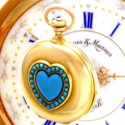 18K Ladies Patek Philippe 5-Minute Repeating Pocket Watch w/Gem Turquoise Heart & Fancy Dial